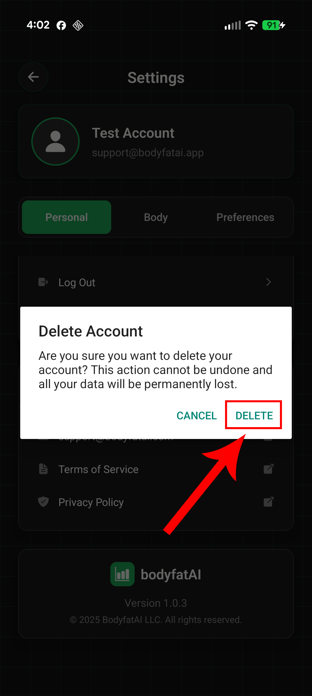 Confirm account deletion